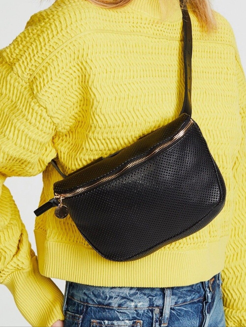 CLARE V FANNY PACK SUPREME - BLACK PERFORATED LEATHER